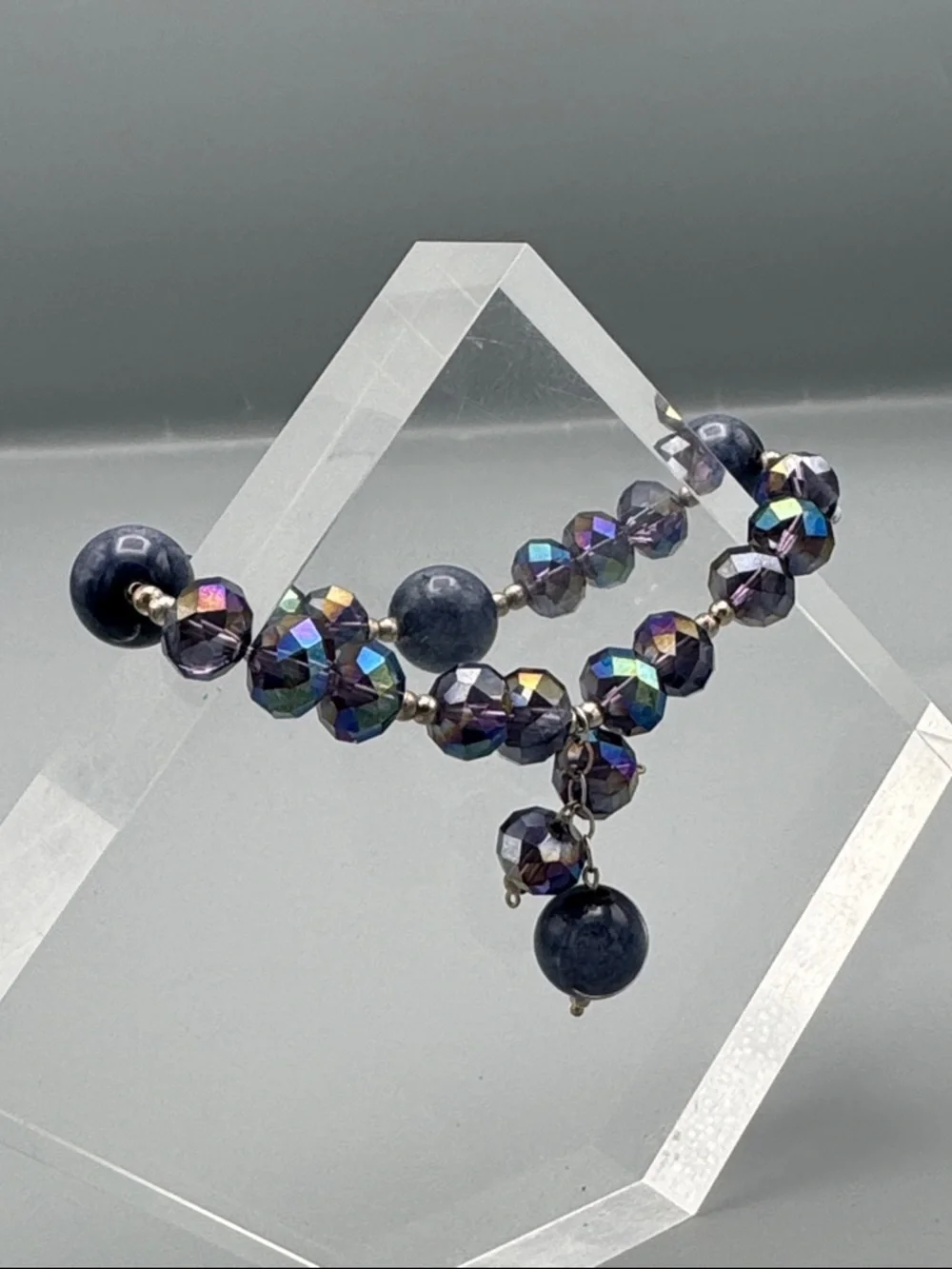 Iridescent Blue glass & stone Beaded Dangle Bracelet